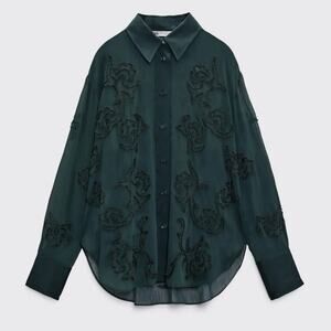 Zara Semi-Sheer Collared Button-Up Blouse Tonal Bead Applique Forest Green Small